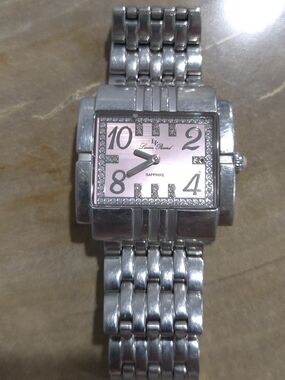 Lucien Piccard Silver-Tone Bracelet Watch with Pink Dial and Crystal Accents